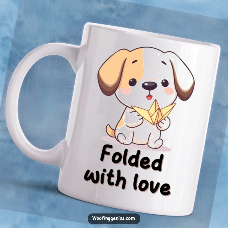 Funny origami dog mug: a proud dog presents a small, intricately folded paper crane, showcasing artistic talent and gentle pride.