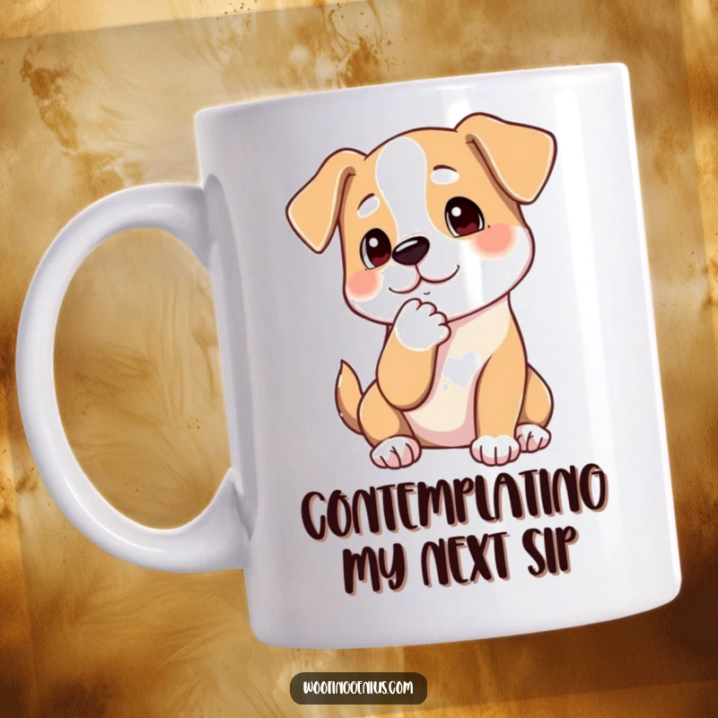 Funny mug showing a dog thoughtfully stroking its chin with a paw, deep in contemplation and serious thought.