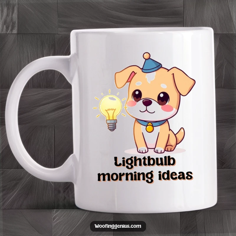Funny clever dog wearing a small, blue thinking cap, holding aloft a glowing yellow lightbulb, signifying a great idea. Smart and witty.