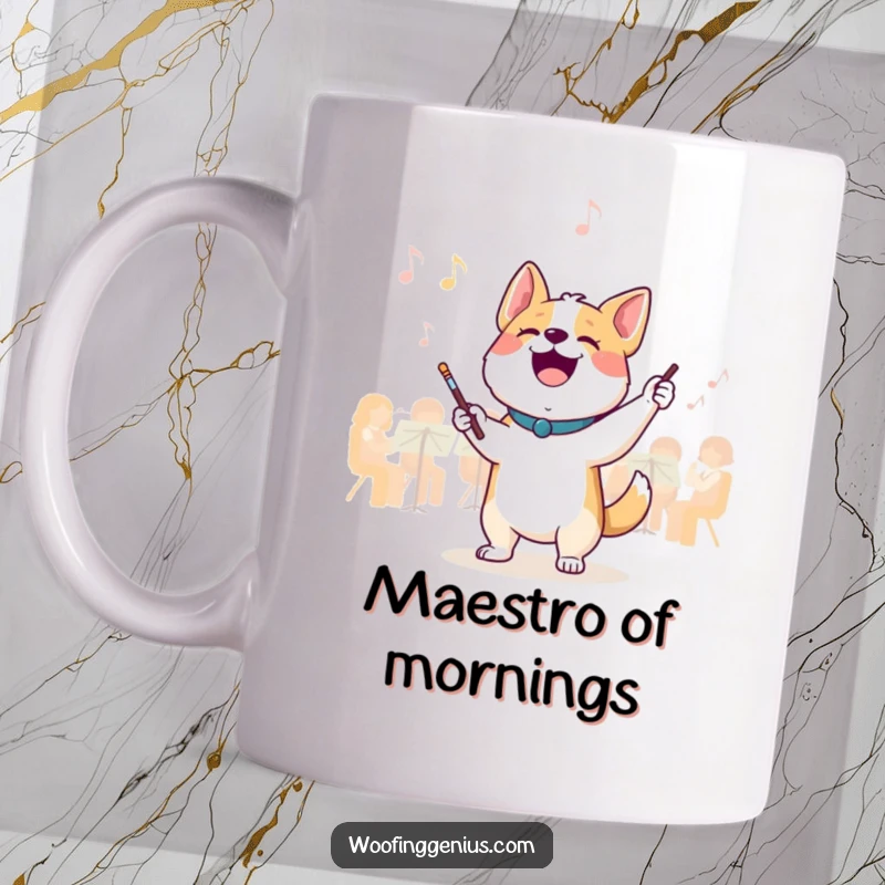 Funny maestro dog mug: a joyful dog conducts an invisible orchestra with a tiny baton, creating a hilarious musical scene.