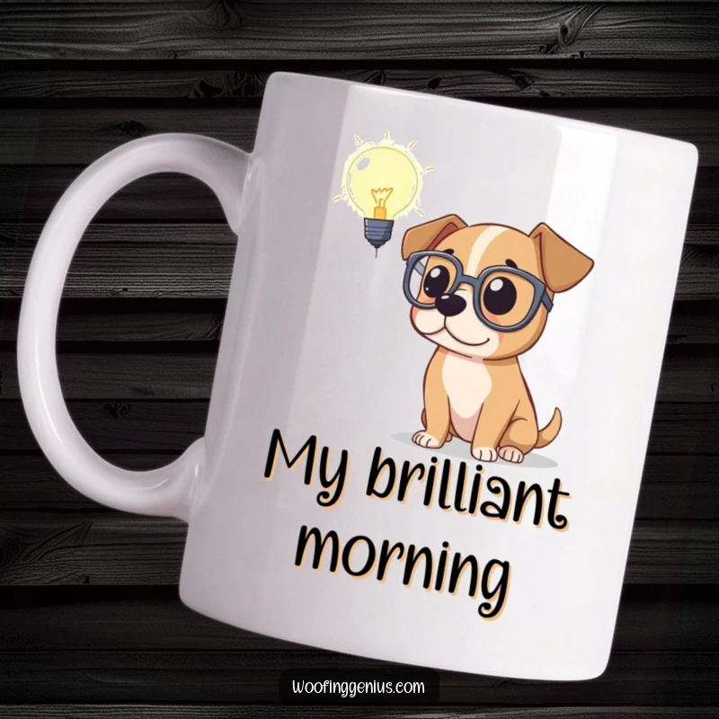 Funny mug showing a wise dog in large spectacles intently contemplating a glowing lightbulb, representing a eureka moment of pure genius.