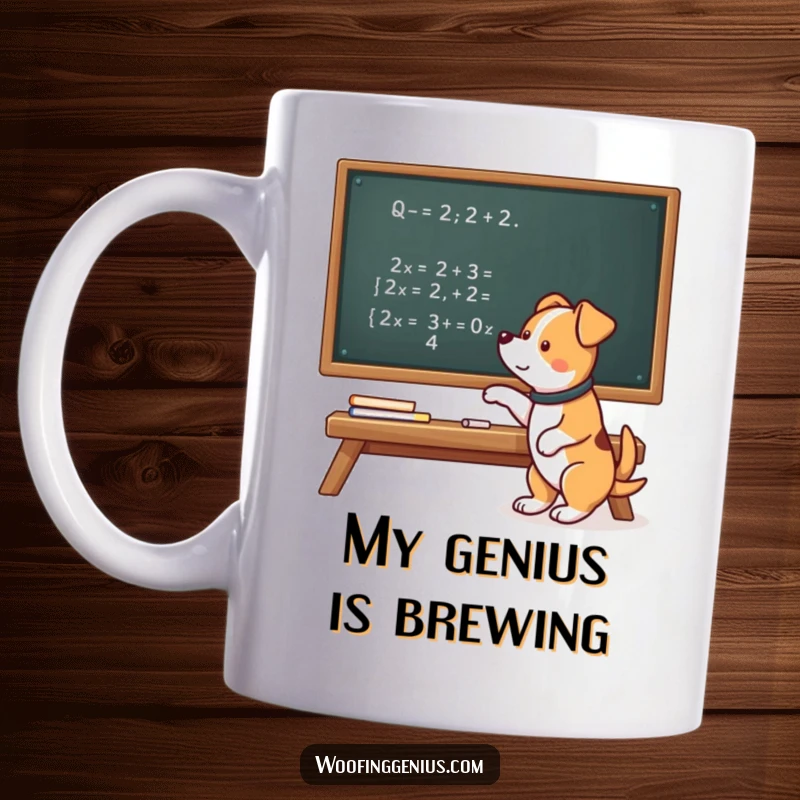 Funny mug featuring a smart dog pointing at a complex mathematical equation on a chalkboard, looking incredibly intelligent.