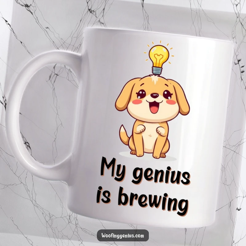 Funny dog mug with a lightbulb symbolizing a bright idea, energetically explaining a concept.