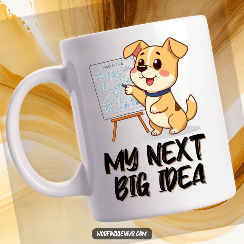 Funny architect dog mug, excitedly pointing at a complex blueprint with a wagging tail, showcasing intelligence and humor.