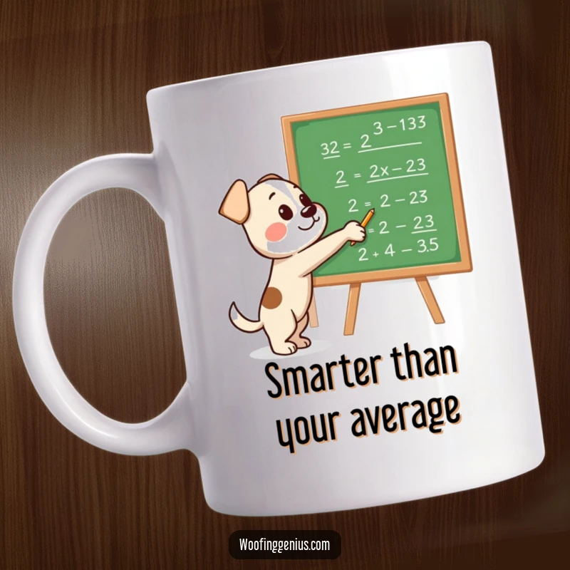 Funny mug showing an intelligent dog pointing with its paw at a blackboard covered in complex mathematical equations.