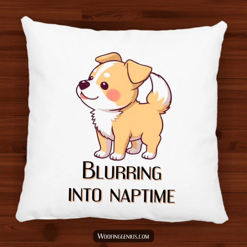 Funny pillow featuring a dog wagging its tail so hard that its body forms a blur pattern.