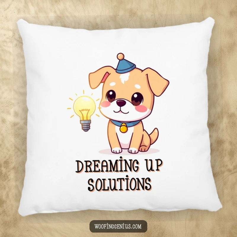 Funny clever dog wearing a thinking cap and holding a glowing lightbulb, soft pillow for cozy and intelligent home accents.