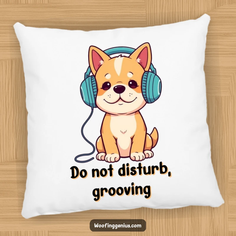 Funny dog wearing headphones, deeply engrossed in music, featured on a soft and decorative pillow.