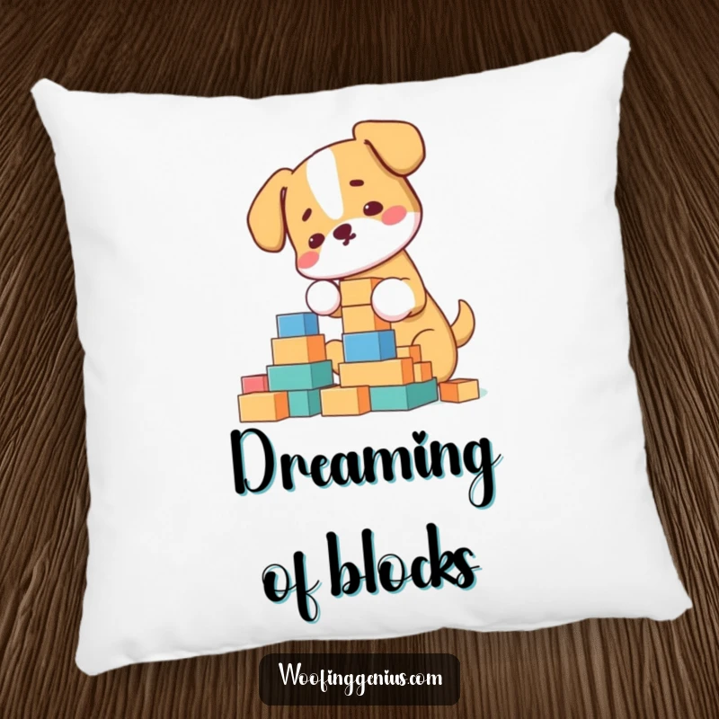 Funny Pillow: Dog meticulously building a towering block structure, offering humorous comfort and playful decor.