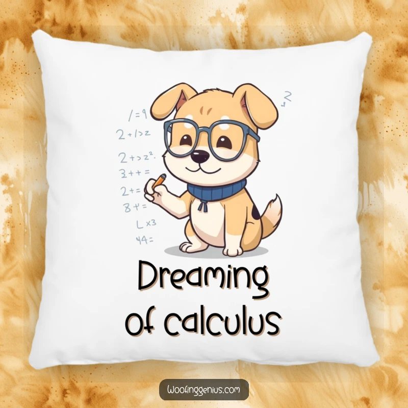 Funny dog pillow featuring a dog in spectacles, engrossed in scribbling mathematical formulas. Comfortable and intellectual.