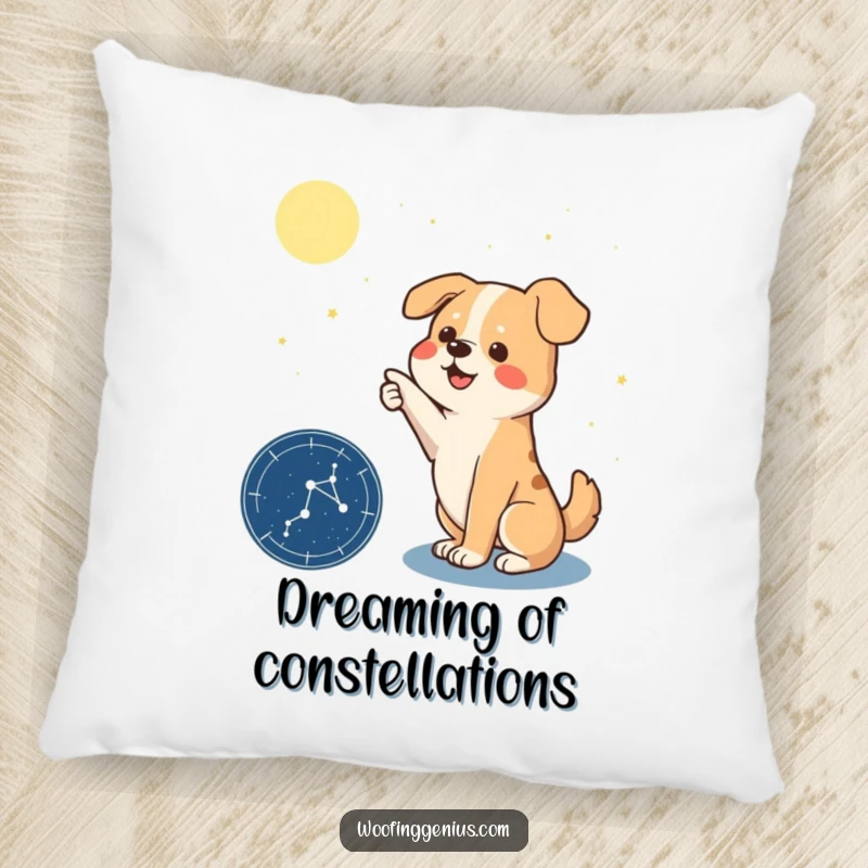 Funny pillow featuring a dramatic dog pointing its paw towards a constellation on a star chart, inviting celestial exploration.
