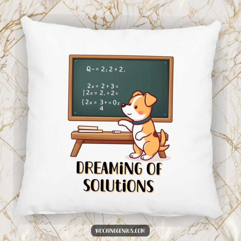 Funny pillow showcasing a brainy dog explaining a complex mathematical equation on a chalkboard, adding humor to decor.