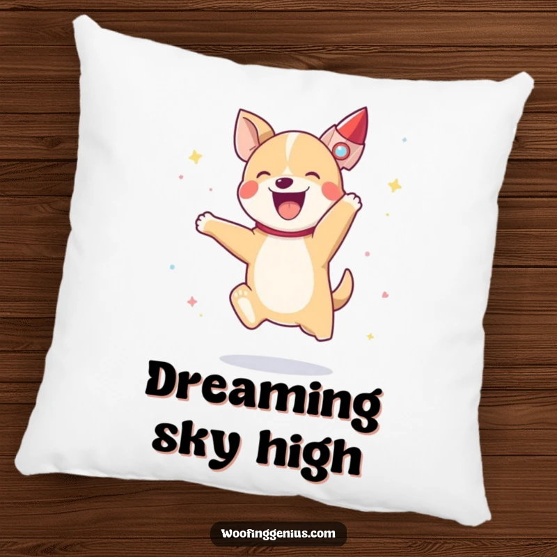 Funny, happy dog jumping, with a small rocket ship ascending behind it, a soft and comforting pillow design.