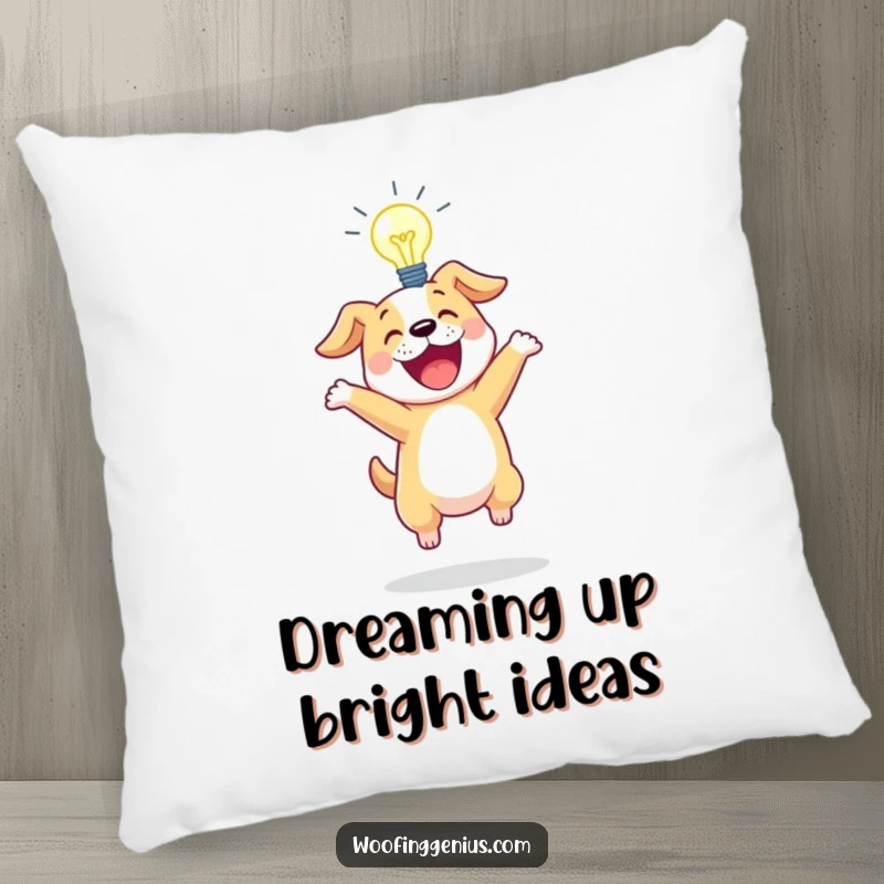 Funny pillow featuring an excited dog bouncing with a glowing lightbulb above its head.