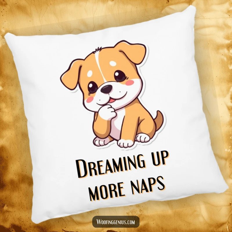 Funny dog pillow featuring a dog tapping its chin thoughtfully. Comfortable and intellectual.