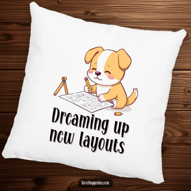 Funny Pillow: A dog is depicted using a tiny pencil to draw complex blueprints, showcasing its architectural genius.