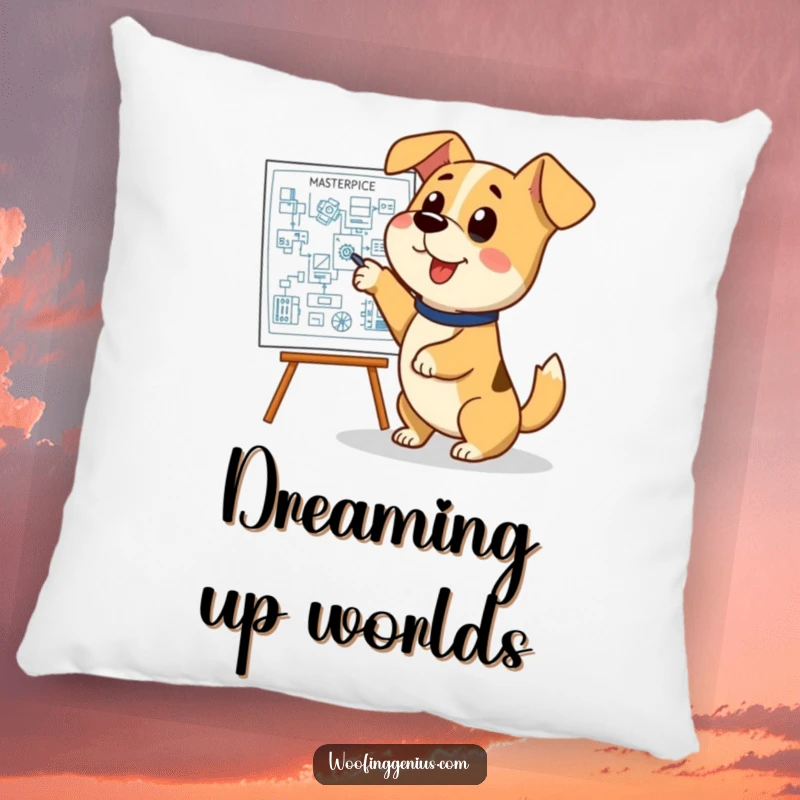 Funny dog blueprint pillow, a dog looking proud while pointing at a complex blueprint, soft and decorative.