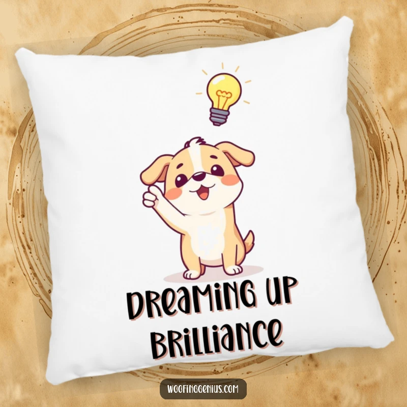 Funny pillow: a dog joyfully pointing towards a bright lightbulb hovering overhead, symbolizing a moment of inspired genius.