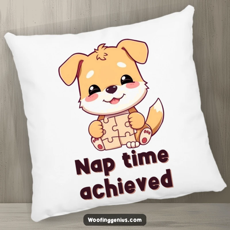 Funny dog pillow showing a smug dog, tail wagging, successfully completing a jigsaw puzzle, bringing joyful decor.