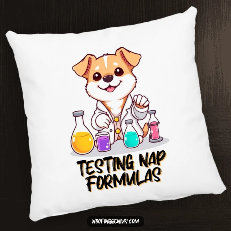 Funny dog pillow featuring a dog in a lab coat mixing colorful liquids with a smile.
