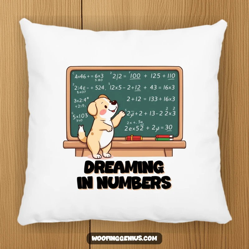 Funny dog pillow featuring a dog pointing at complex mathematical equations on a chalkboard.