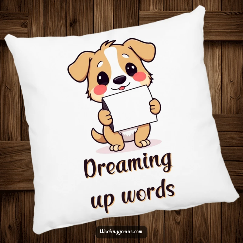 Funny dog pillow featuring a dog winking and offering notecards, adding a touch of warmth and humor to decor.