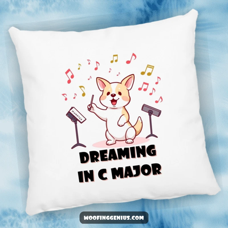 Funny pillow with a cute dog as a conductor, surrounded by musical notes, looking lively.