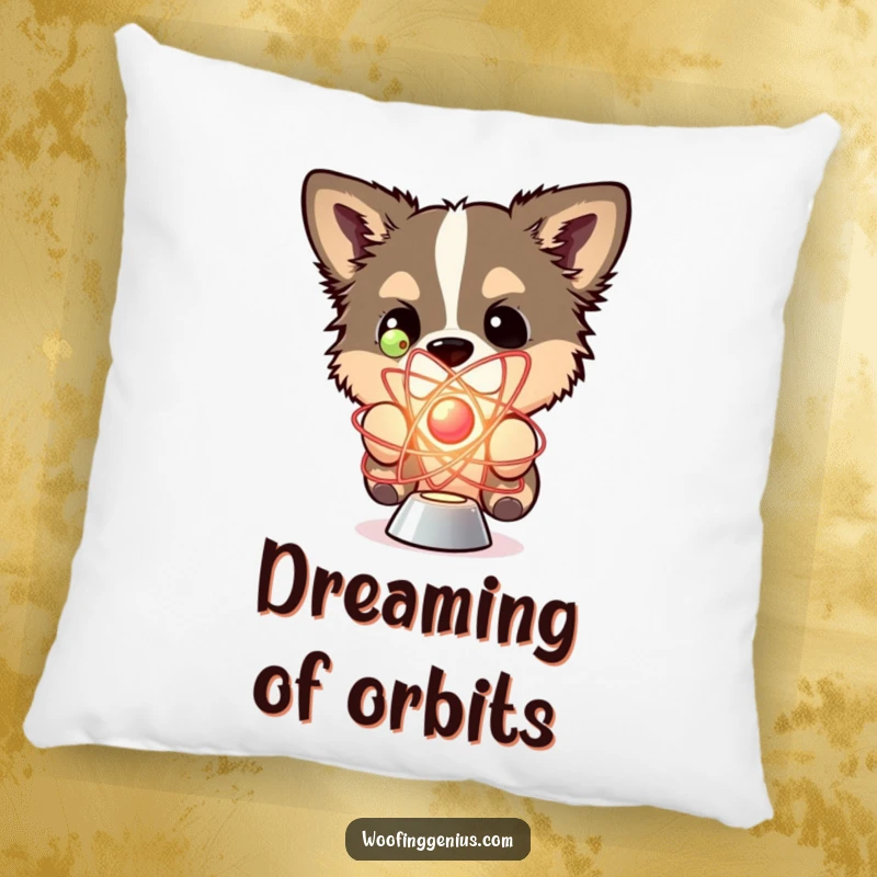 Funny pillow showing a dog curiously examining a spinning atom model.