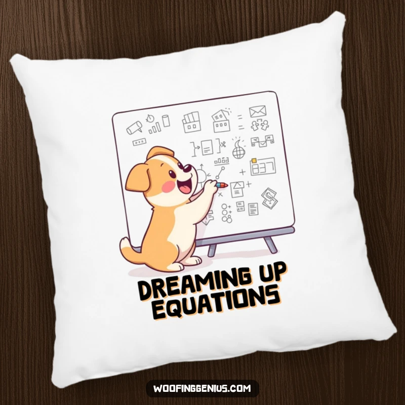 Funny dog creating complex diagrams on a whiteboard, depicted on a soft and decorative pillow.