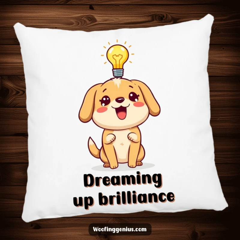 Funny dog pillow featuring a dog with a lightbulb overhead, enthusiastically presenting an idea.
