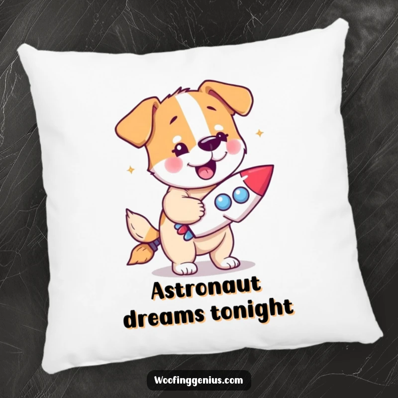 Funny dog pillow featuring a dog with a eureka expression holding a miniature rocket ship.