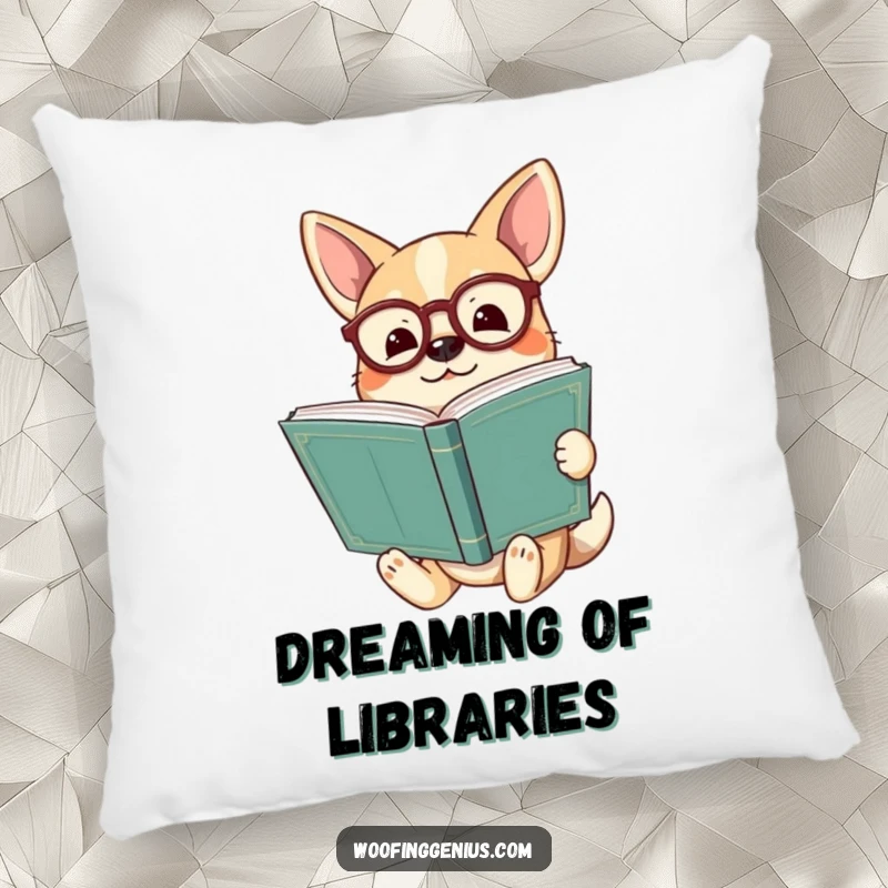 Funny dog wearing spectacles holding a huge ancient book, looking enlightened on a soft pillow, cozy and wise.