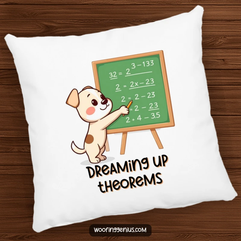 Funny pillow design of a dog pointing at a blackboard filled with intricate mathematical equations, symbolizing canine intellect.