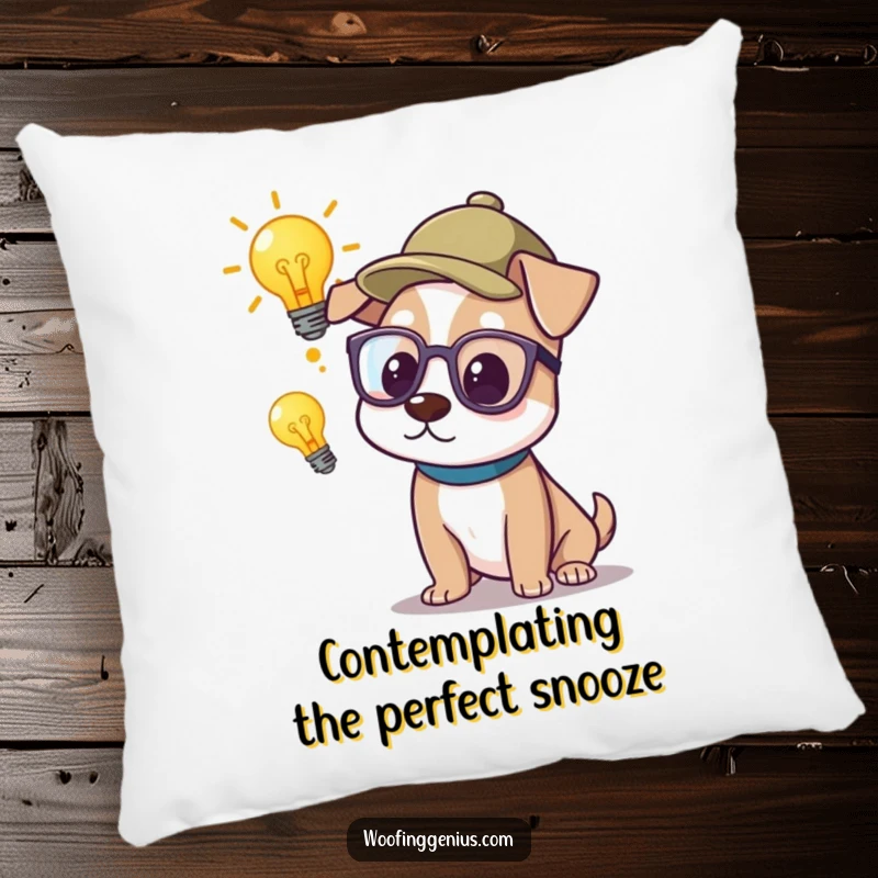 Funny Pillow: A dog wearing glasses and a thinking cap has a bright lightbulb illuminate above its head, symbolizing a spark of genius.