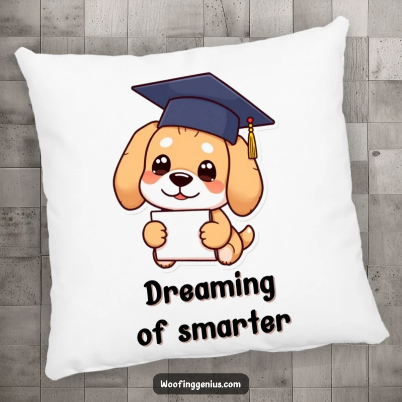 Funny Graduation Dog Pillow featuring a dog in a graduation cap holding a diploma.