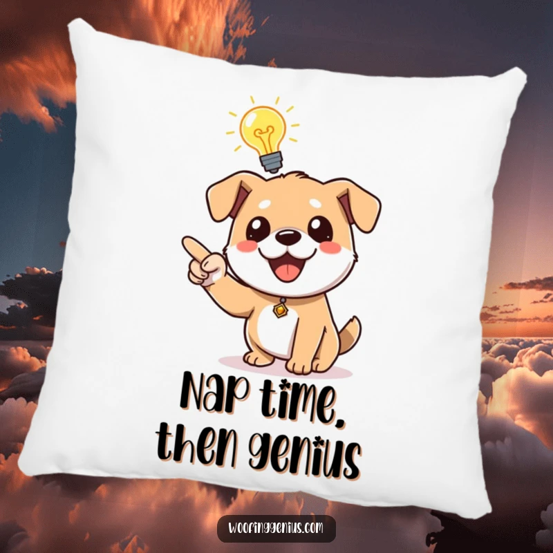 Funny dog featuring a bright lightbulb overhead, pointing with excitement, a cozy and humorous accent pillow.