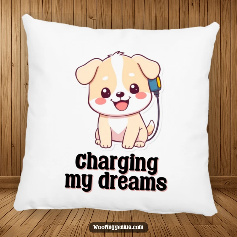 Funny Kawaii Dog Pillow: Soft cushion featuring a cute dog plugging a charger into its head, offering comfort and funny charm.