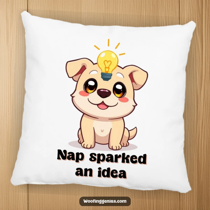Funny pillow with a dog character experiencing a lightbulb moment, eyes wide with inspiration, offering comfort and a spark of creative thought.