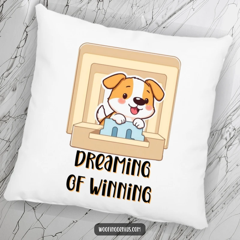 Funny pillow featuring a dog smiling while expertly solving a puzzle maze, perfect for adding a touch of clever accomplishment to decor.
