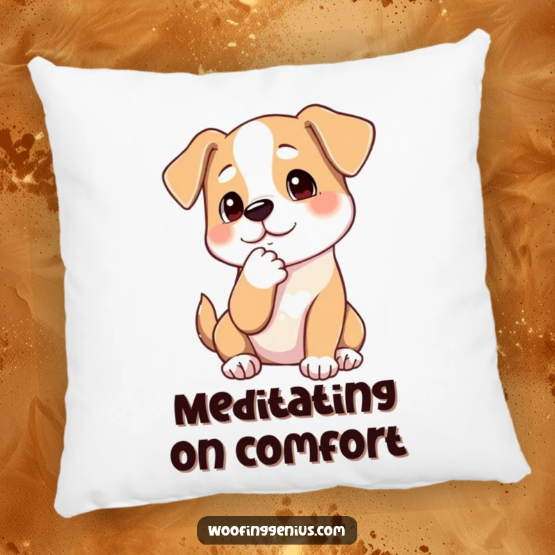 Funny pillow featuring a dog thoughtfully stroking its chin with a paw, perfect for adding a touch of serene contemplation to decor.