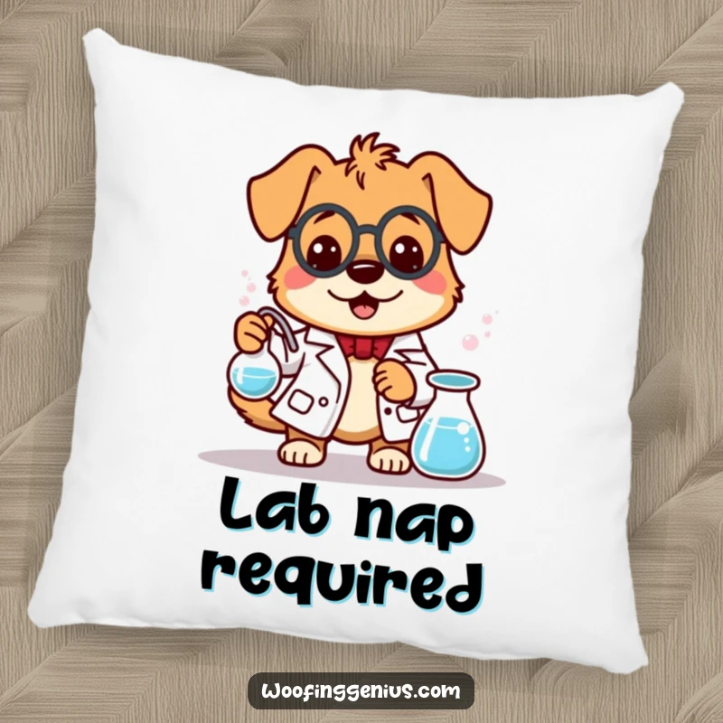 Funny dog scientist resting on a pillow, stirring a bubbling beaker with a contented expression.