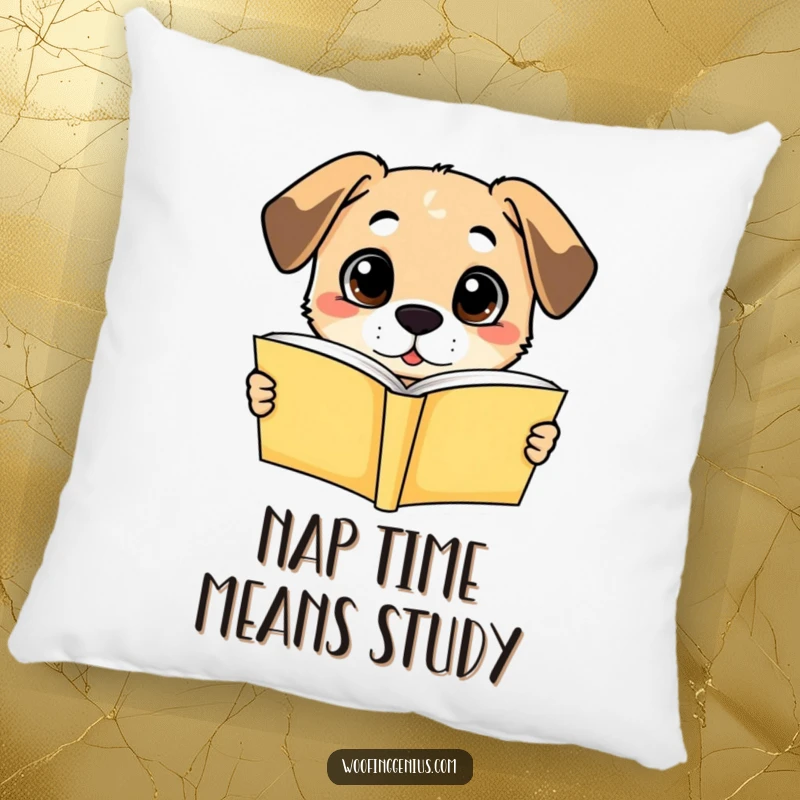 Funny pillow: a dog with wide, enlightened eyes holding an open book, embodying literary comprehension and humor.