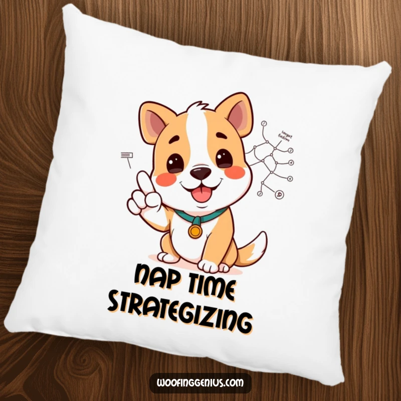 Funny dog smiling and pointing to a complex diagram on a pillow, offering comfort and clarity.