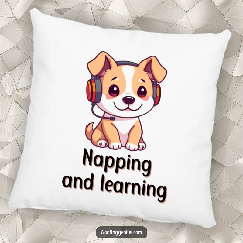Funny pillow with a dog wearing headphones, intently listening to a lecture, embodying a studious and comfortable mood.