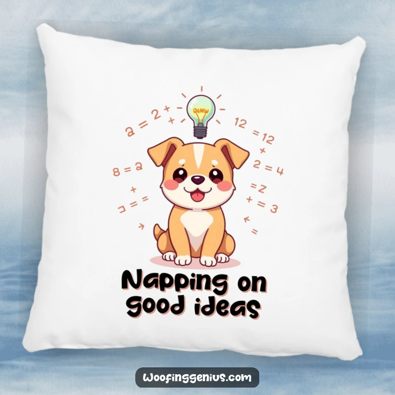 Funny dog pillow featuring a dog surrounded by floating equations, with a lightbulb symbolizing an idea above.