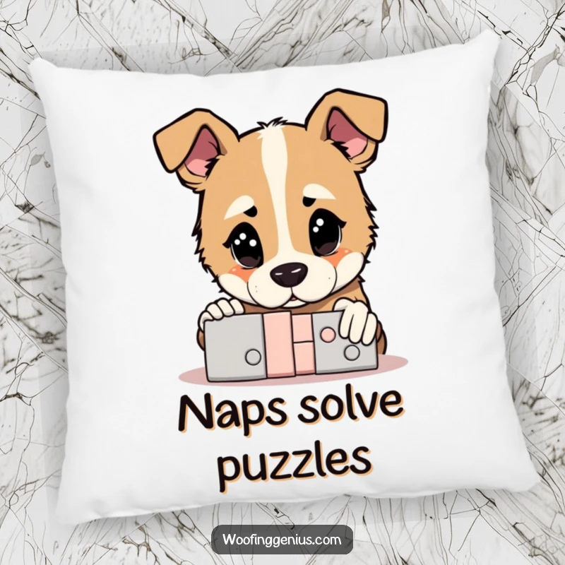 Funny Pillow: Dog gazing thoughtfully at a solved complex puzzle, offering humorous comfort and intellectual decor.