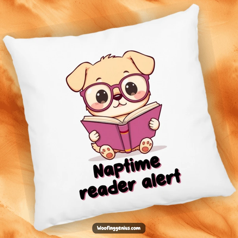 Funny Kawaii dog wearing glasses reading a book, soft cushion for a humorous and comfortable addition to any living space.