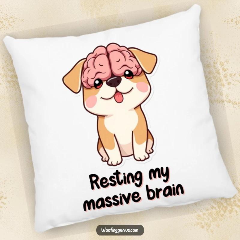 Funny pillow featuring a dog with a comically large brain shape peeking out from its head.