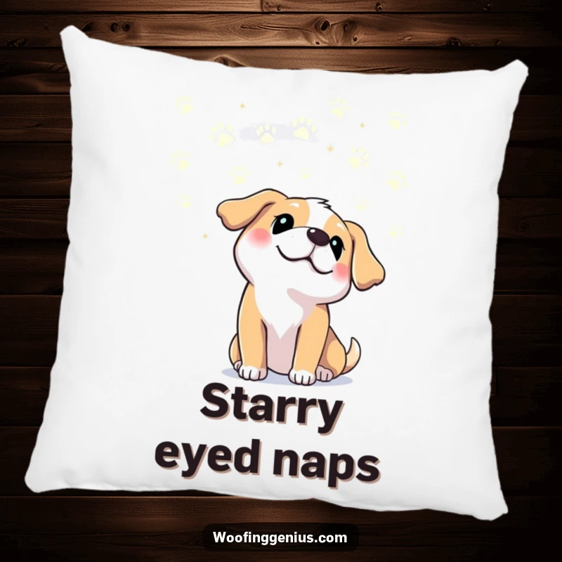 Funny dog gazing at paw print constellations in the sky, providing cozy and funny decorative comfort. Funny gift pillow.
