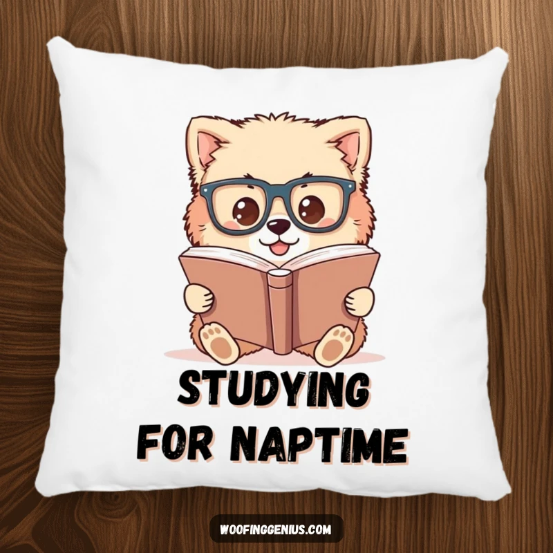 Funny pillow featuring a fluffy dog wearing oversized glasses, intensely studying a large book.